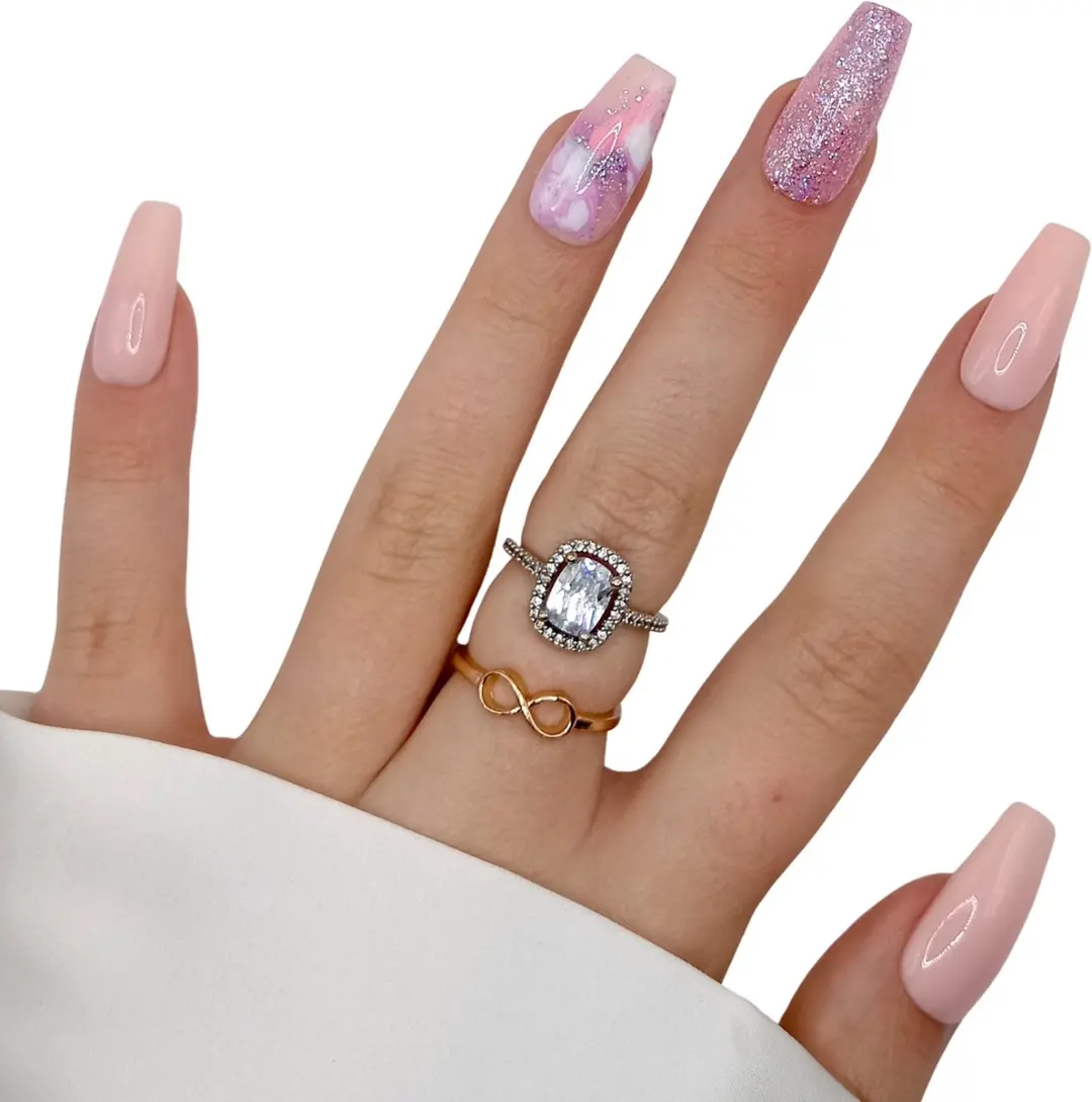 SD Press on Nails B-140 Roze Glitter Swirl Nagelset - 20 Stuks