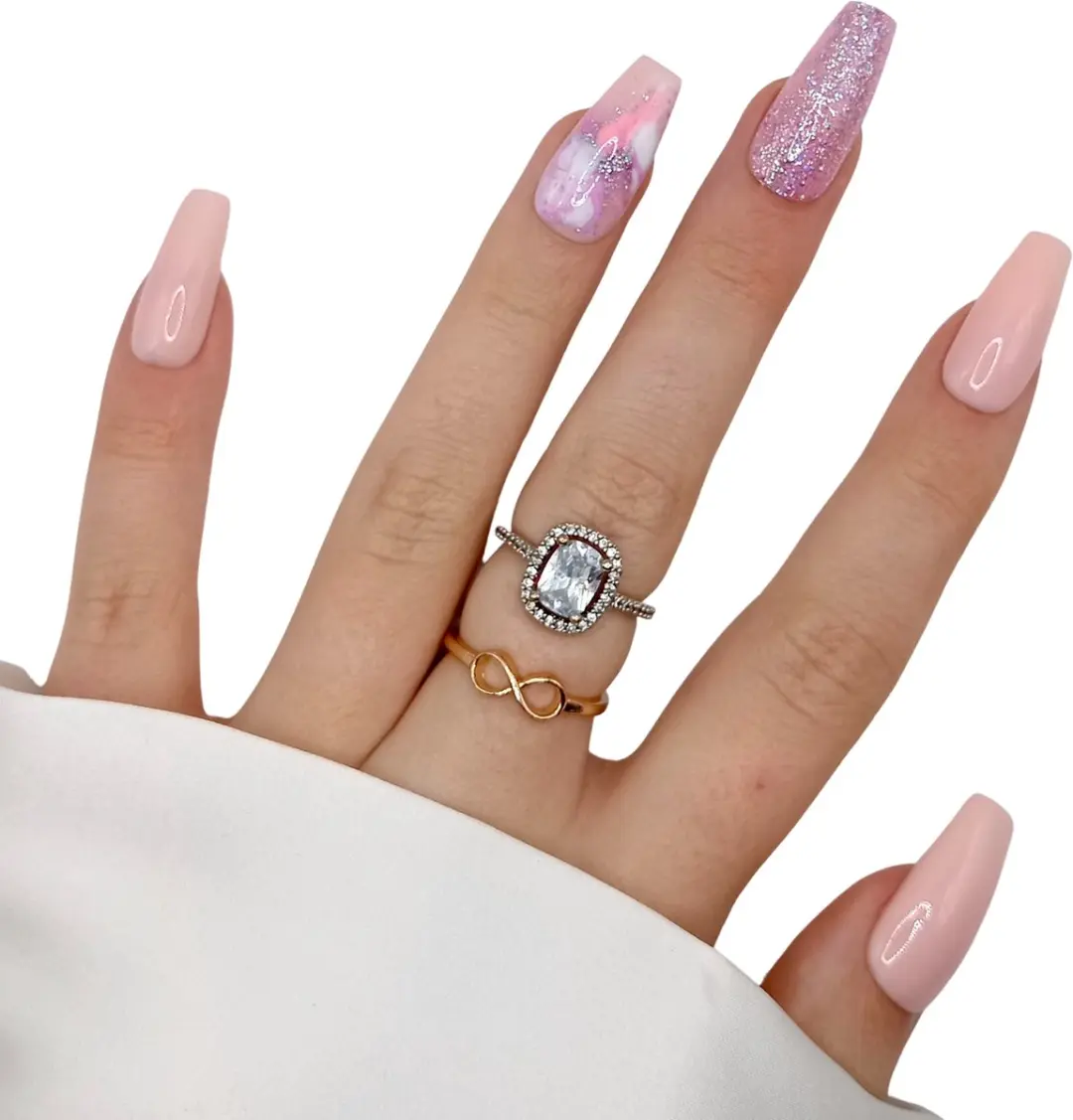 SD Press on Nails B-140 Roze Glitter Swirl Nagelset - 20 Stuks