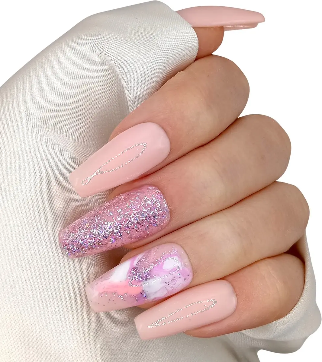 SD Press on Nails B-140 Roze Glitter Swirl Nagelset