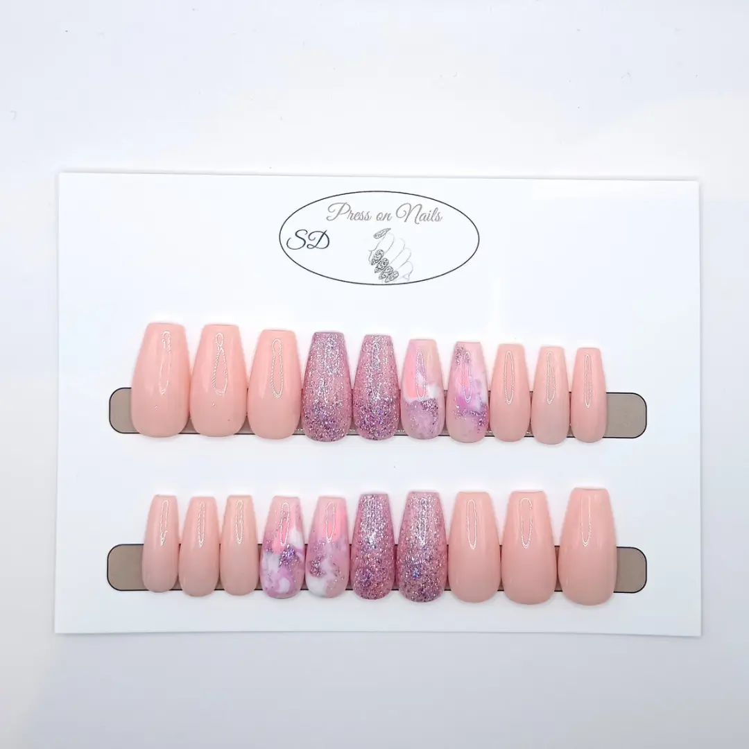 SD Press on Nails B-140 Roze Glitter Swirl Nagelset - 20 Stuks