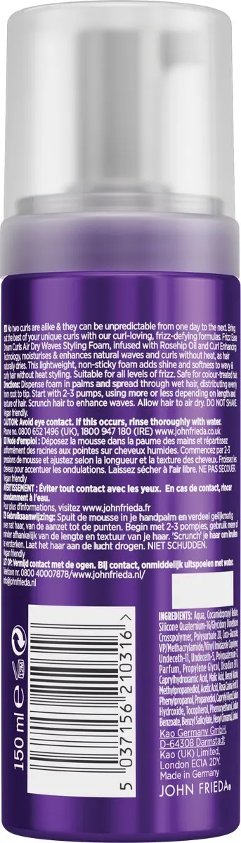 John Frieda Frizz Ease Air Dry Waves Mousse 150ml - afbeelding 6 van 6
