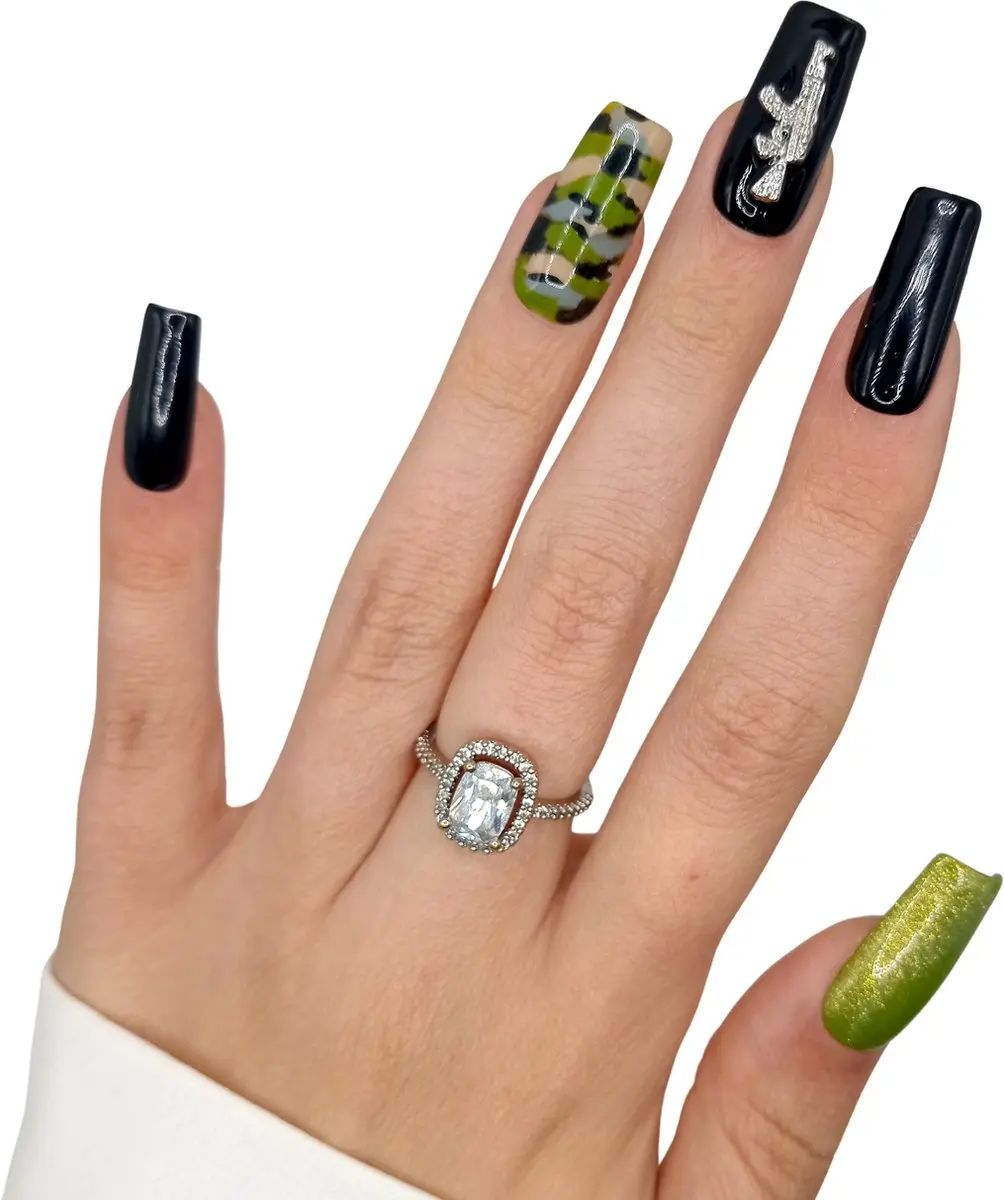SD Press on Nails No. 15 Demilitarized Zone Plaknagels - 20 Stuks - L - Camo/Zwart/ Groen