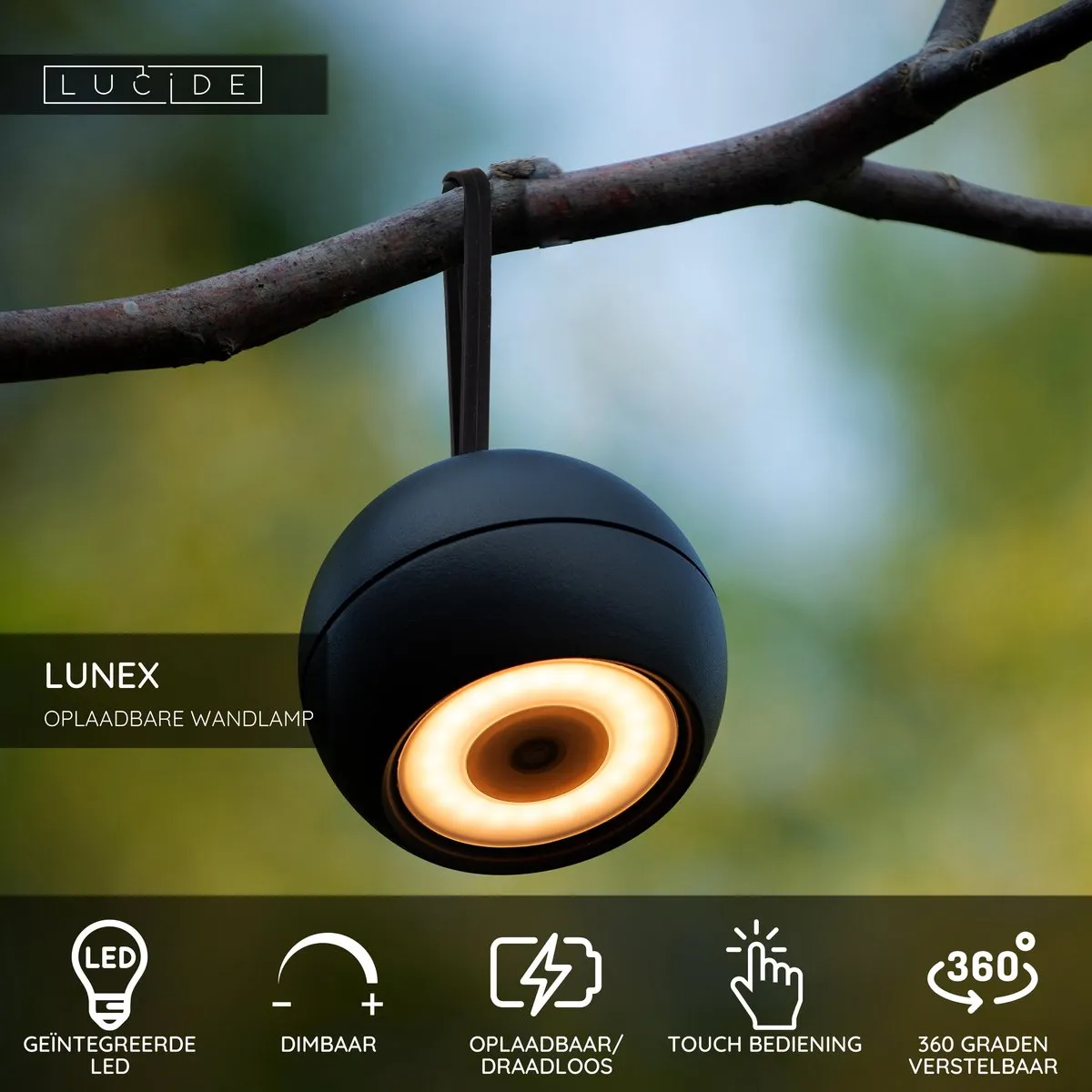 Lucide LUNEX Wandlamp Oplaadbaar 1x2W 3000K - Zwart