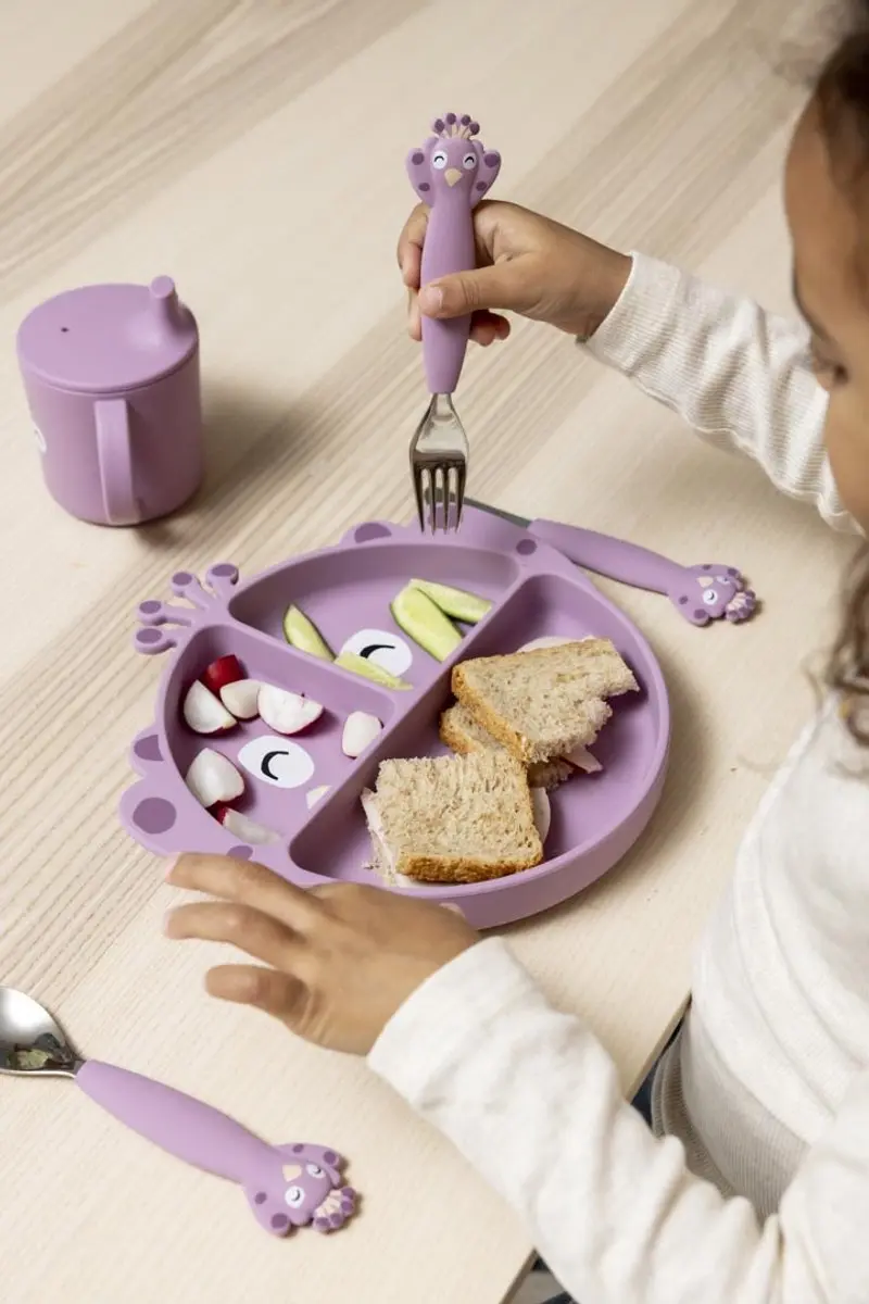 Trixie Baby Bestek Mrs. Peacock - 3-delig Siliconen Eetset - Paars