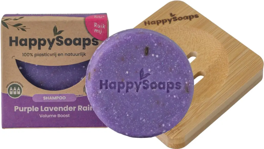 HappySoaps Purple Lavender Rain Shampoo Bar + Bamboe Houder