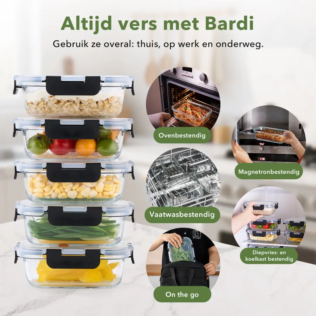 Bardi 5-delig Glas Meal Prep Bakje 1060ml - Luchtdicht - BPA-vrij - Zwart