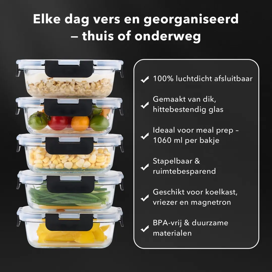 Bardi 5-delig Glas Meal Prep Bakje 1060ml - Luchtdicht - BPA-vrij - Zwart