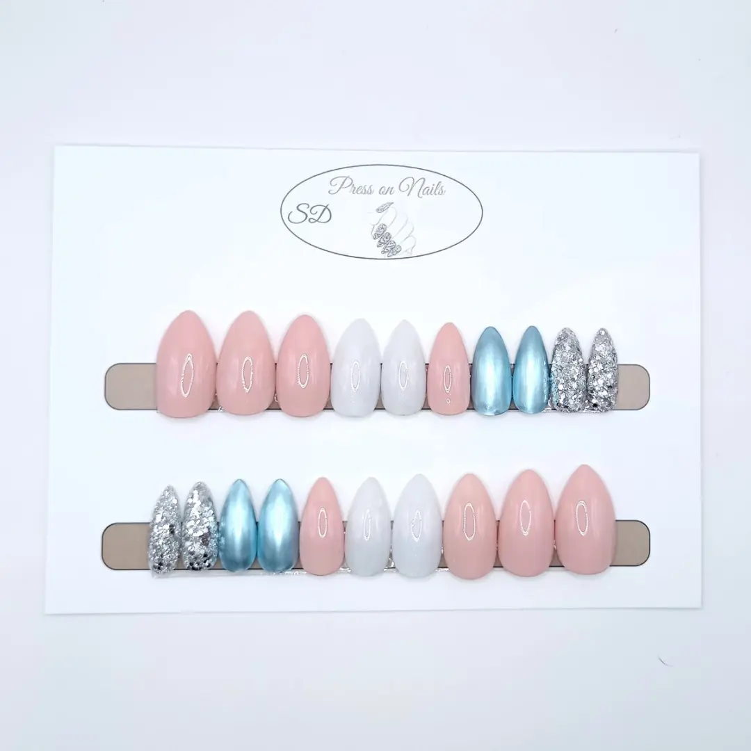 SD Press on Nails B-96 Plaknagels Medium Stiletto Nude Blauw Zilver - 20 Stuks