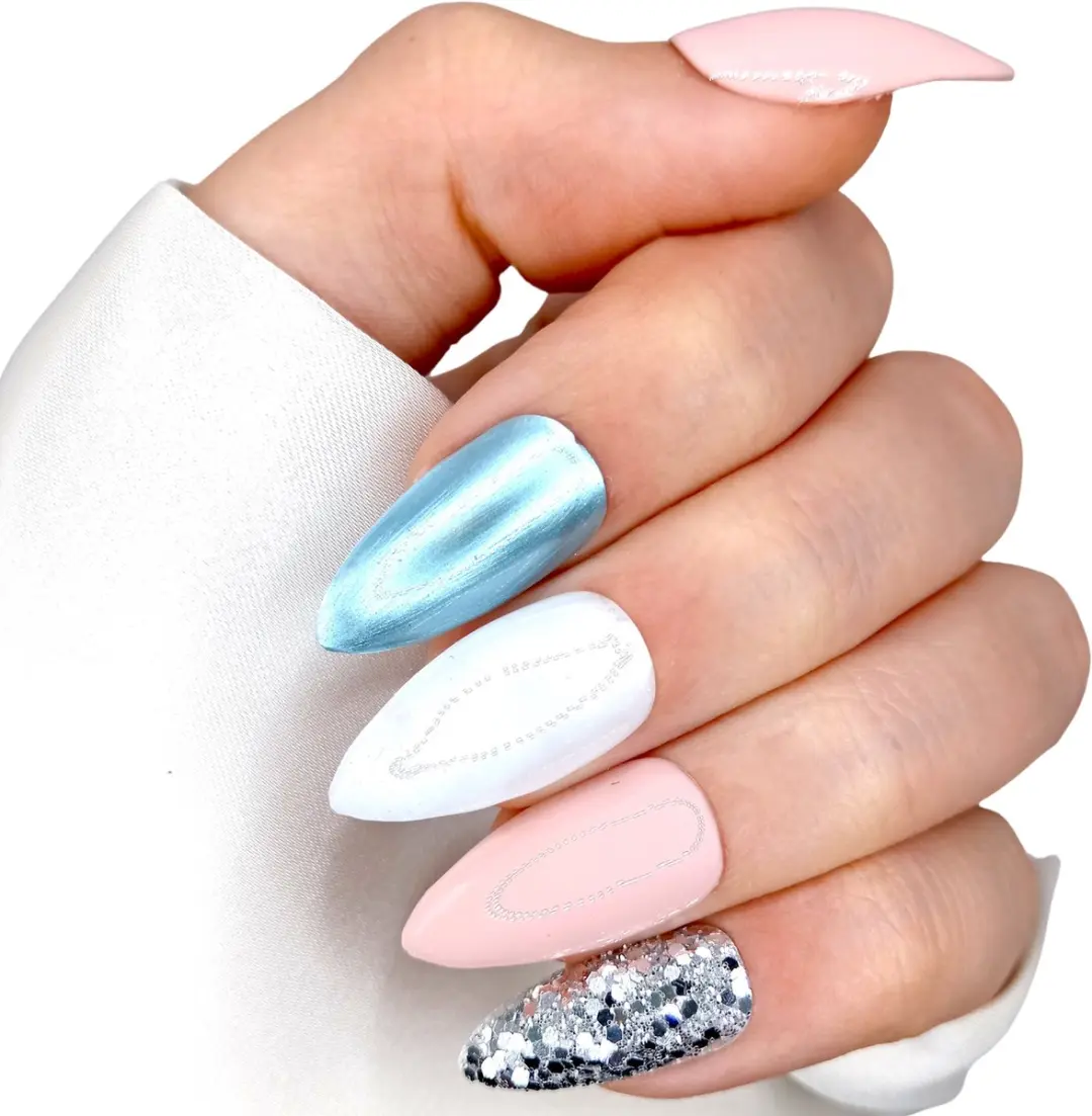 SD Press on Nails B-96 Plaknagels Medium Stiletto Nude Blauw Zilver