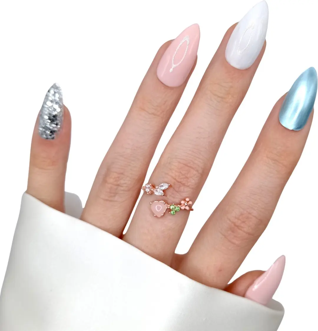 SD Press on Nails B-96 Plaknagels Medium Stiletto Nude Blauw Zilver - 20 Stuks