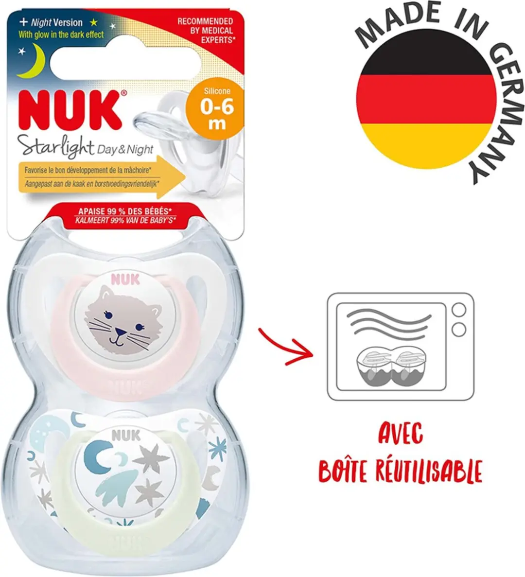 NUK Star Light Day&Night Fopspenen - 2 Stuks - 0-6 Maanden - Roze/Blauw