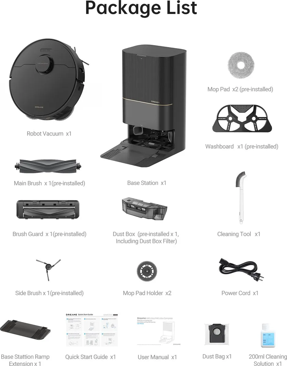 Dreame X40 Ultra Complete - Robotstofzuiger met dweilfunctie - Geschikt voor huisdierharen - Complete accessoires kit - Zwart