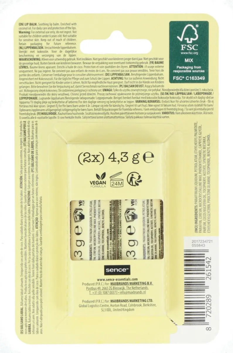 Sence Lippenbalsem Coconut 2 Stuks - 20g
