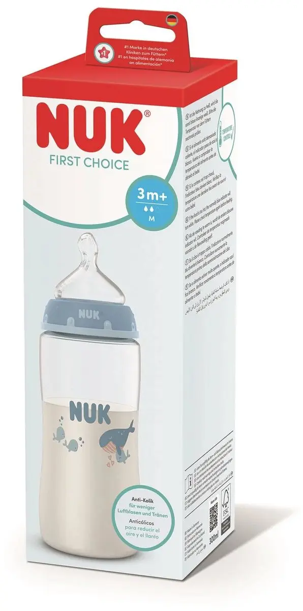 NUK First Choice Babyfles 300ml - Speen M - Wit/Blauw