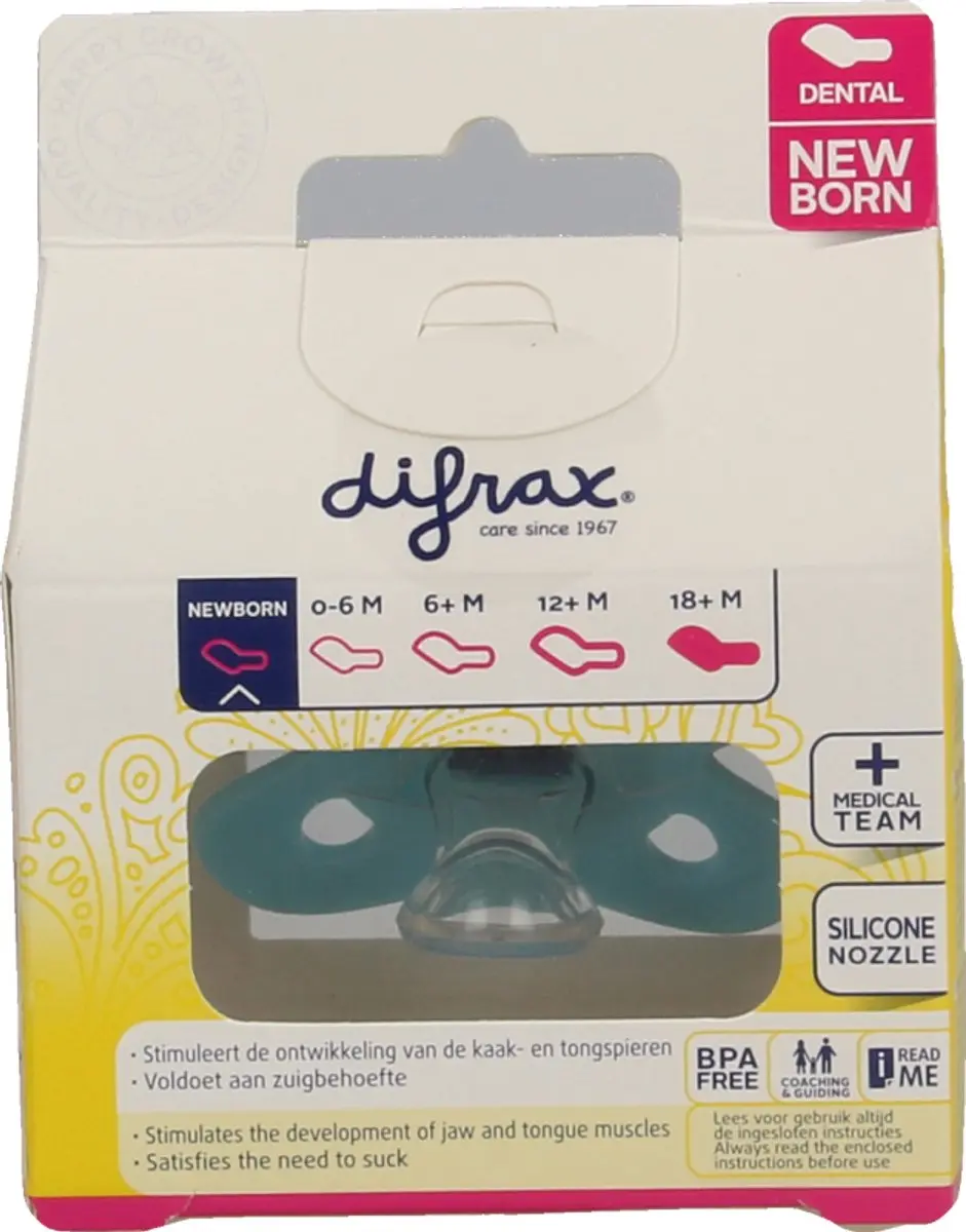 Difrax Fopspeen Mini Dental Newborn - Geel