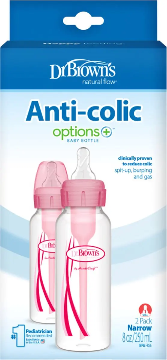 Dr. Brown's Options+ Anti-Colic Babyfles 250ml - Roze - 2 Stuks