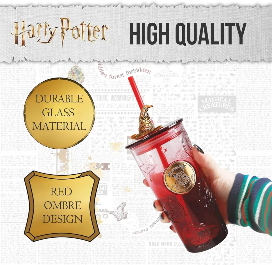 Harry Potter Glazen Beker met Deksel en Rietje - 250ml - Meerkleurig