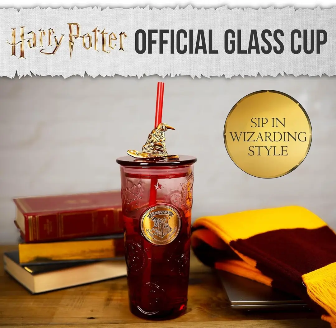 Harry Potter Glazen Beker met Deksel en Rietje - 250ml - Meerkleurig