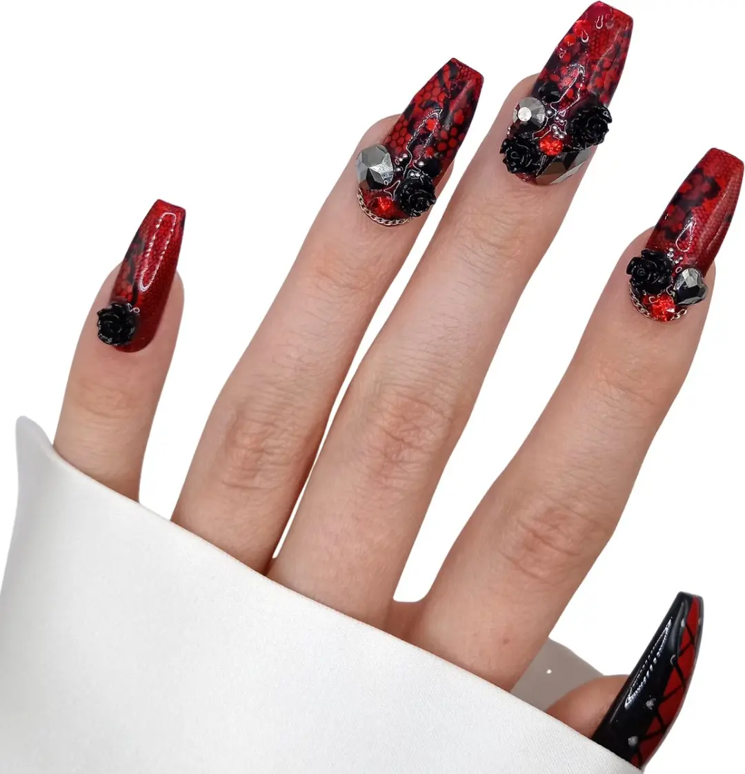 SD Press on Nails No 98 O Fortuna Luxury's Plaknagels - 20 Stuks - Gothic - XL Ballerina Coffin