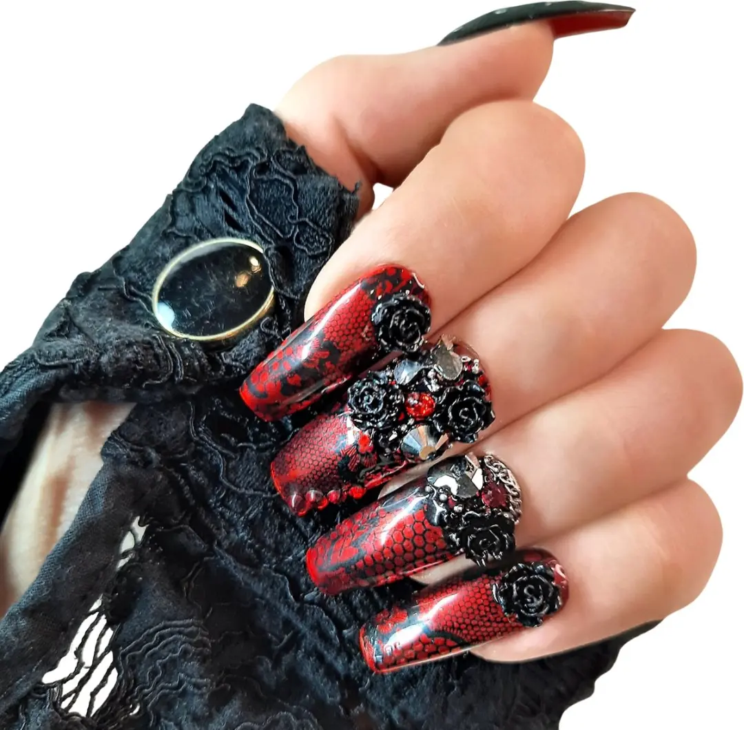 SD Press on Nails No 98 O Fortuna Luxury's Plaknagels - 20 Stuks - Gothic - XL Ballerina Coffin