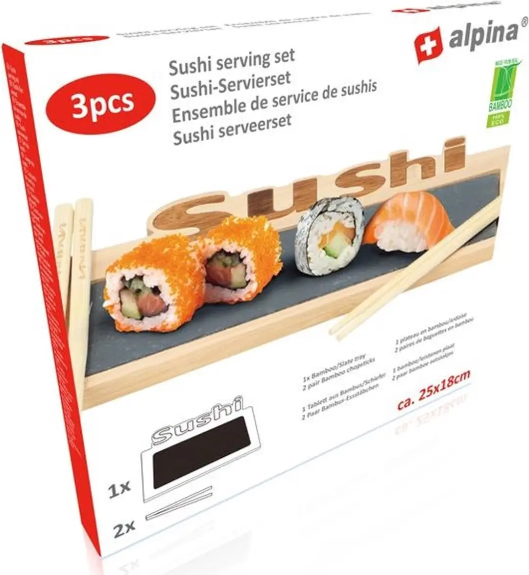 Alpina Serveerset Sushi 3-delig - 25x18x2cm - Bruin