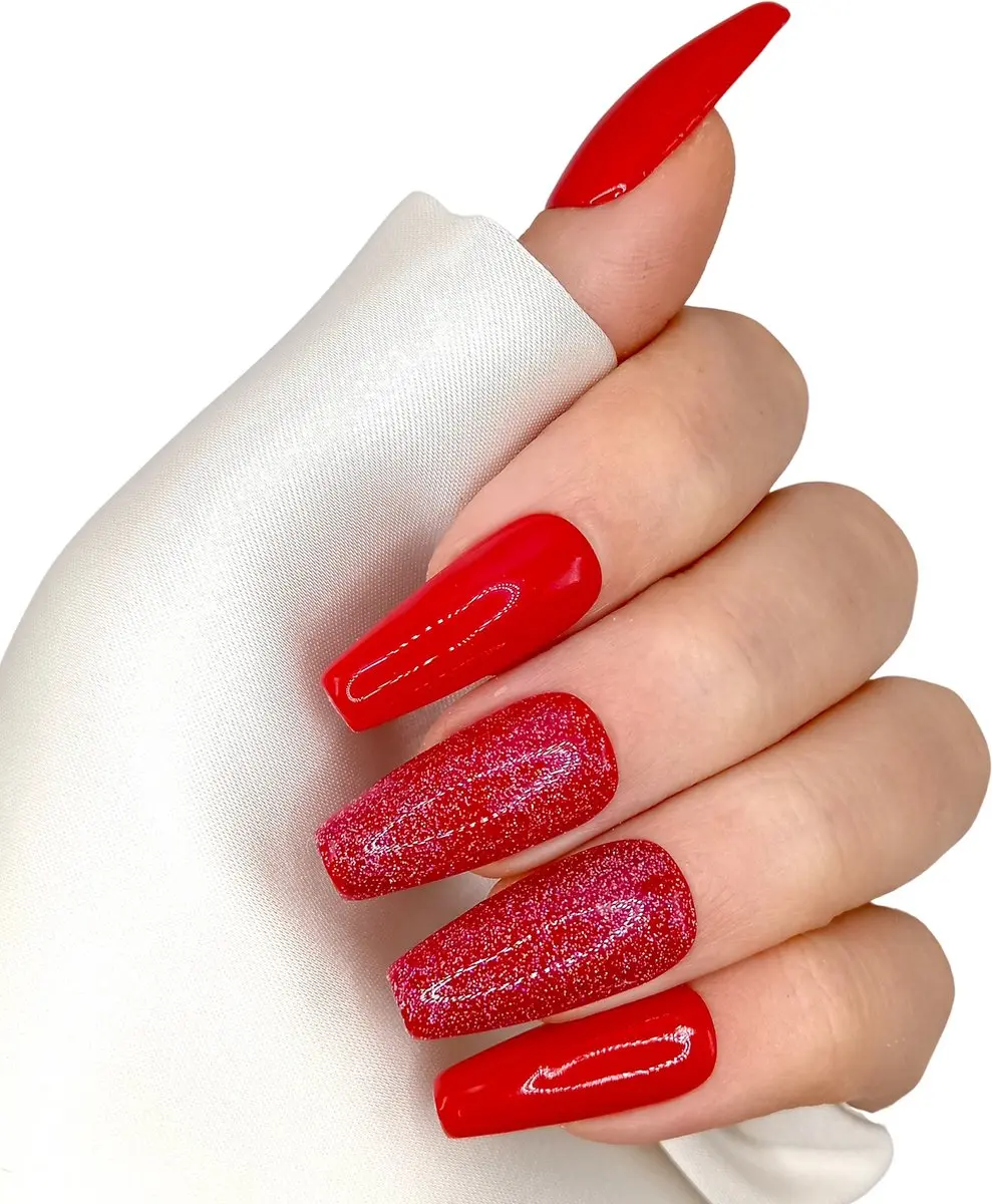 SD Press on Nails B-213 Plaknagels - 20 Stuks - Rood Glitter