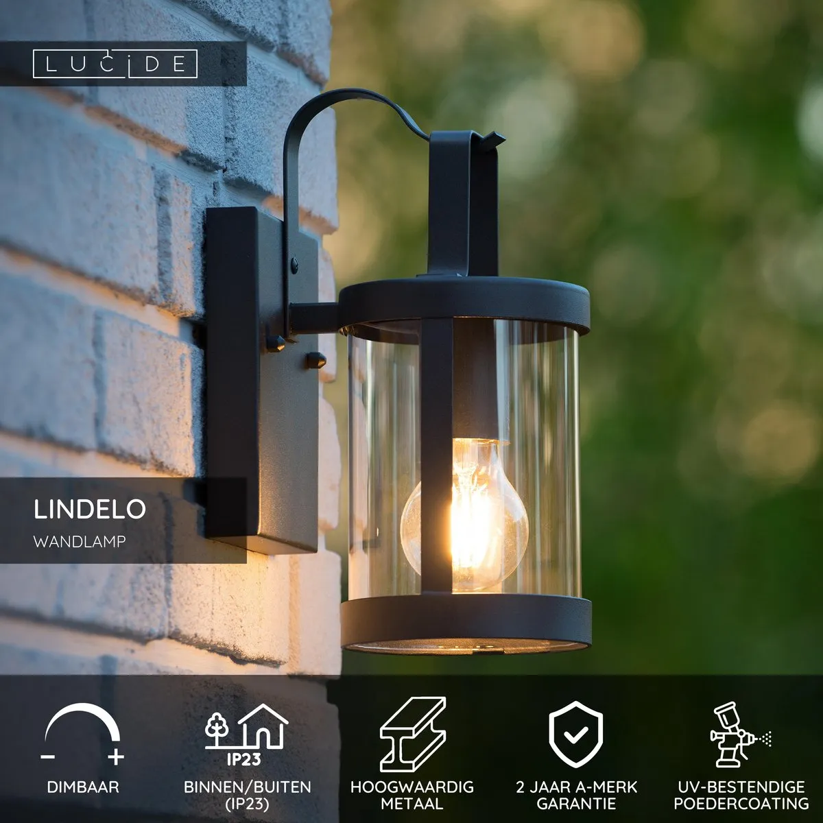 Lucide Lindelo Wandlamp E27 IP23 - Zwart