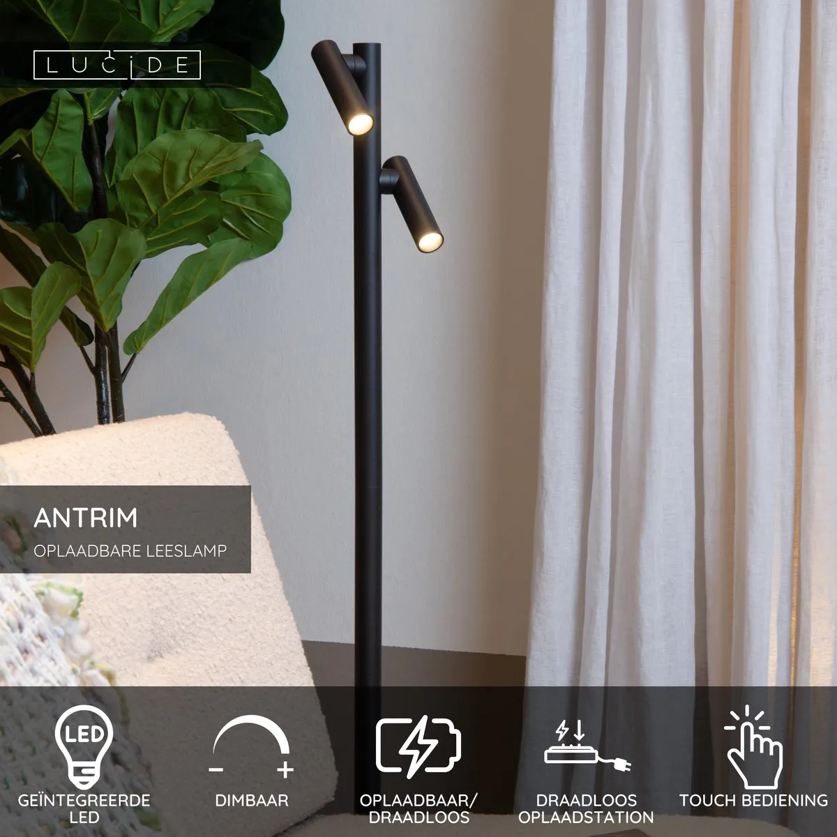 Lucide Antrim Oplaadbare Leeslamp - 2x2,2W 2700K - IP54 - Zwart