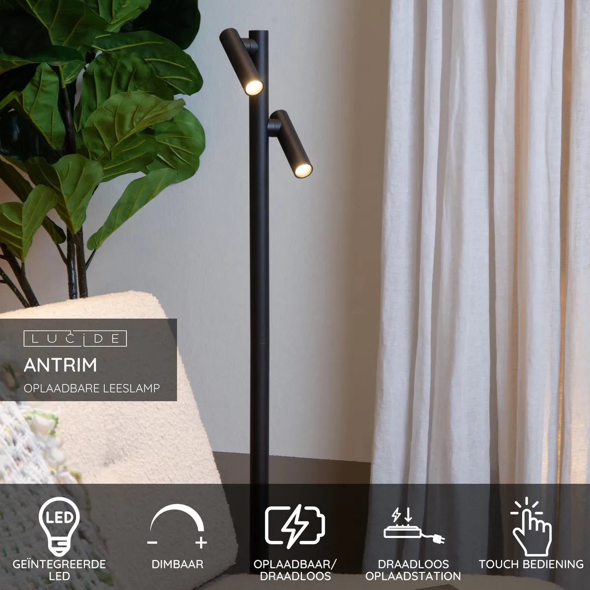 Lucide Antrim Oplaadbare Leeslamp - 2x2,2W 2700K - IP54 - Zwart