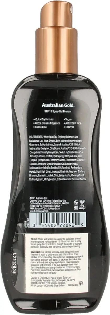 Australian Gold SPF15 Zonnebrand Spray Gel + Bronzer 237ml