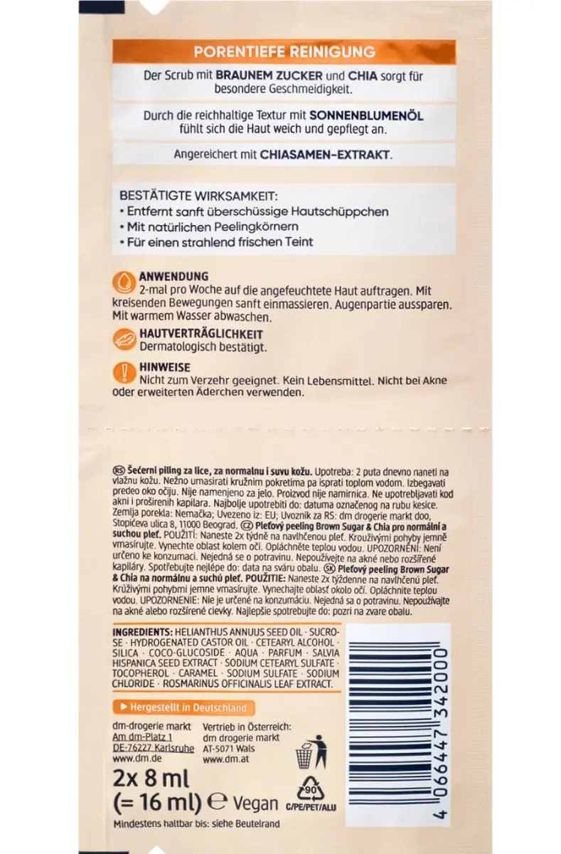 Balea Peeling Bruine Suikerscrub 16ml - 2x8ml - Vegan