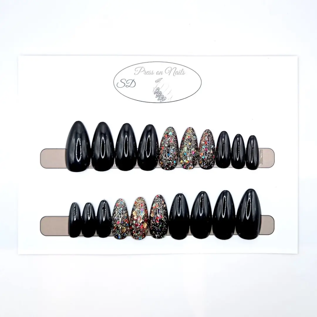 SD Press on Nails B-168 Plaknagels - Zwart Glitter - 20 Stuks
