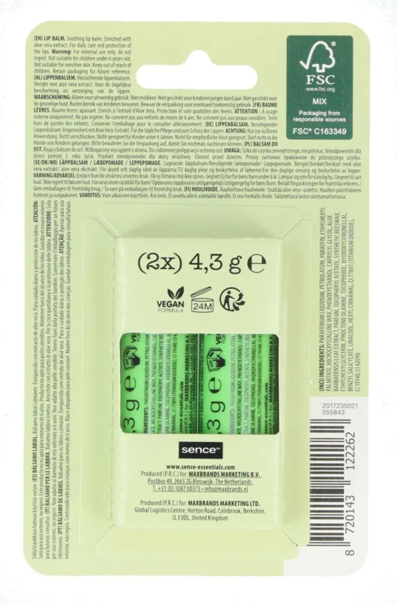 Sence Lippenbalsem Aloë Vera - 9g (2x4.3g) Groen