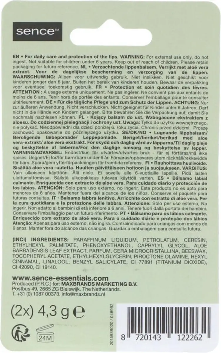 Sence Lippenbalsem Aloë Vera - 9g (2x4.3g) Groen