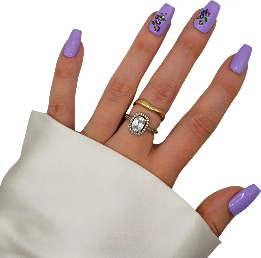 SD Press on Nails B-95 Medium Coffin Nagelset - 20 Stuks - Lila Paars met bloemen
