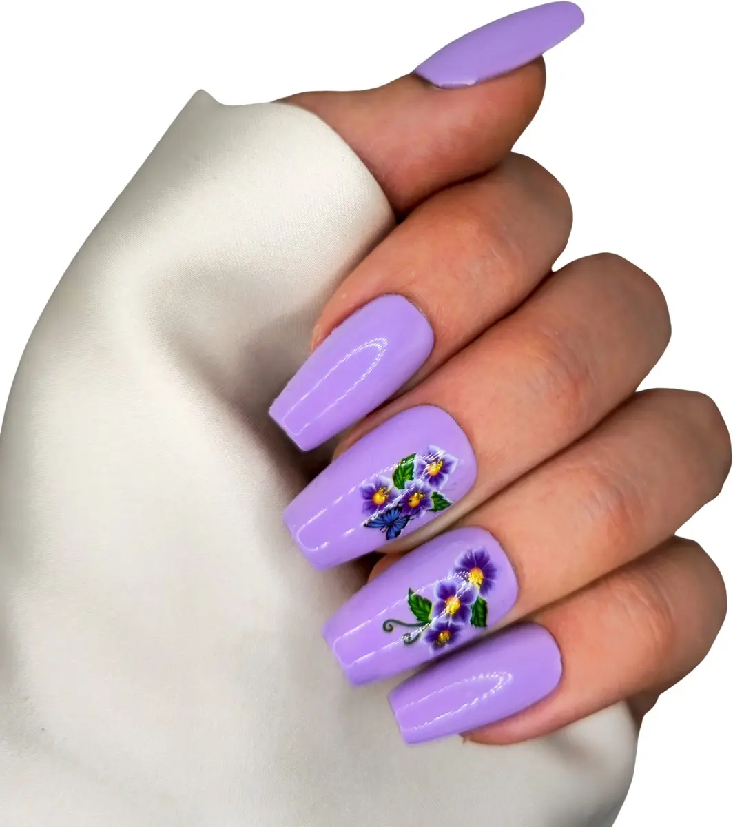 SD Press on Nails B-95 Medium Coffin Nagelset - 20 Stuks - Lila Paars met bloemen
