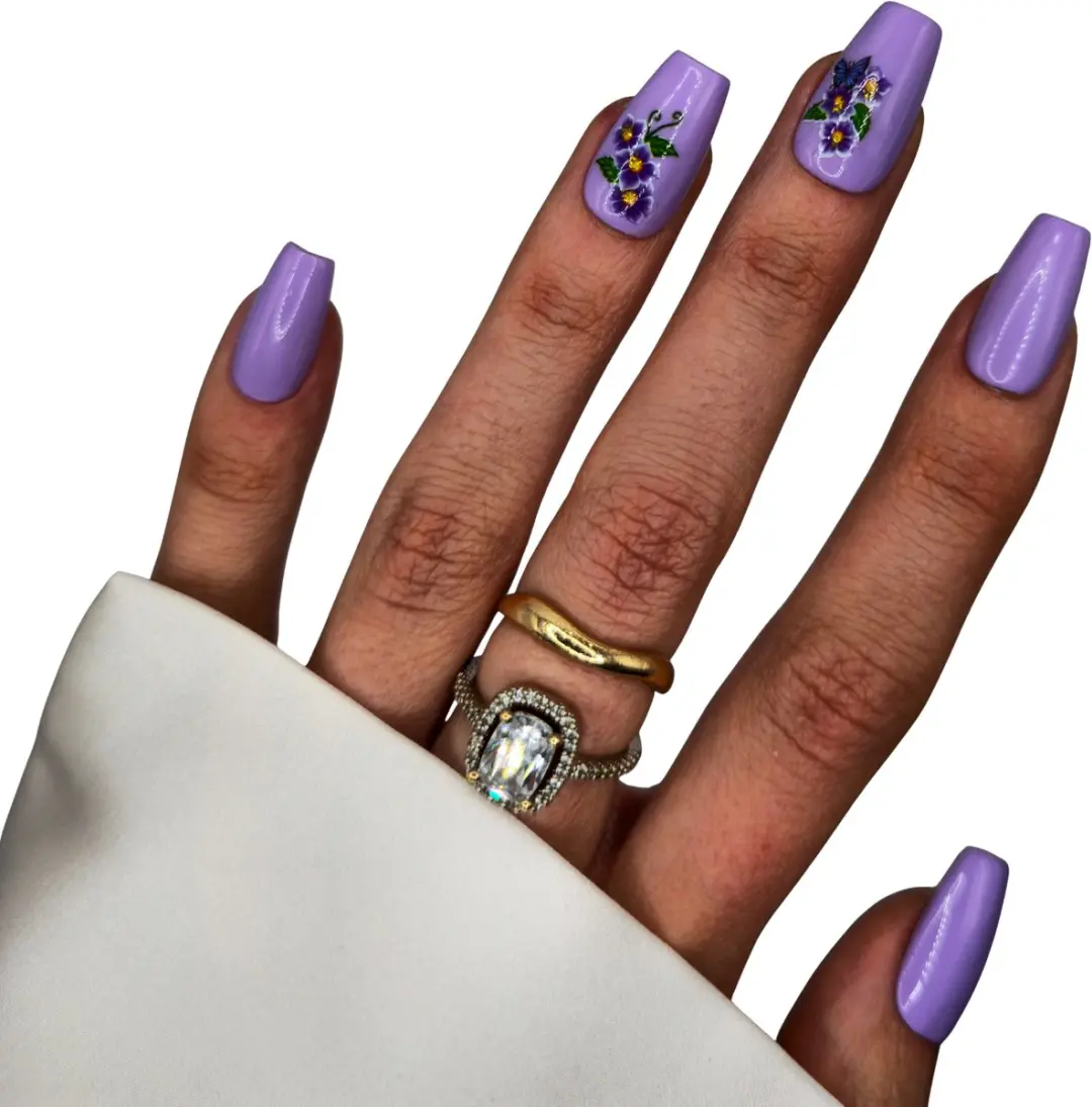 SD Press on Nails B-95 Medium Coffin Nagelset - 20 Stuks - Lila Paars met bloemen