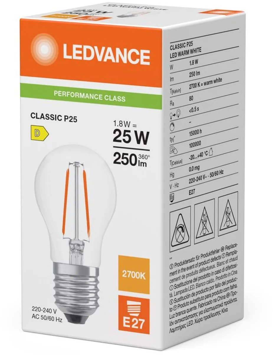 LEDVANCE Classic P45 E27 1.8W 250lm - Warm wit - afbeelding 6 van 6