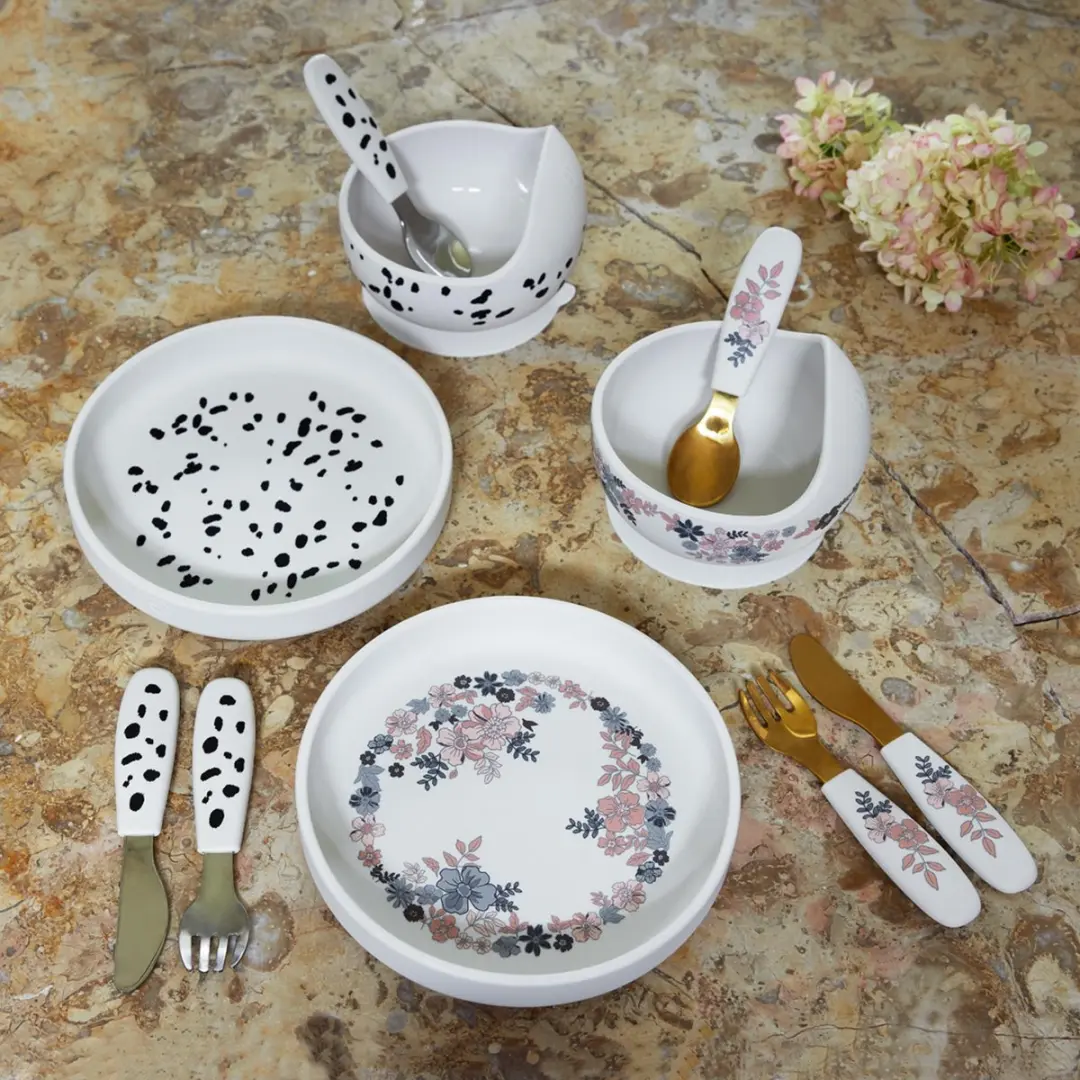 Elodie Blue Garden Baby Eetservies - Kom + Lepel - Beige met bloemen