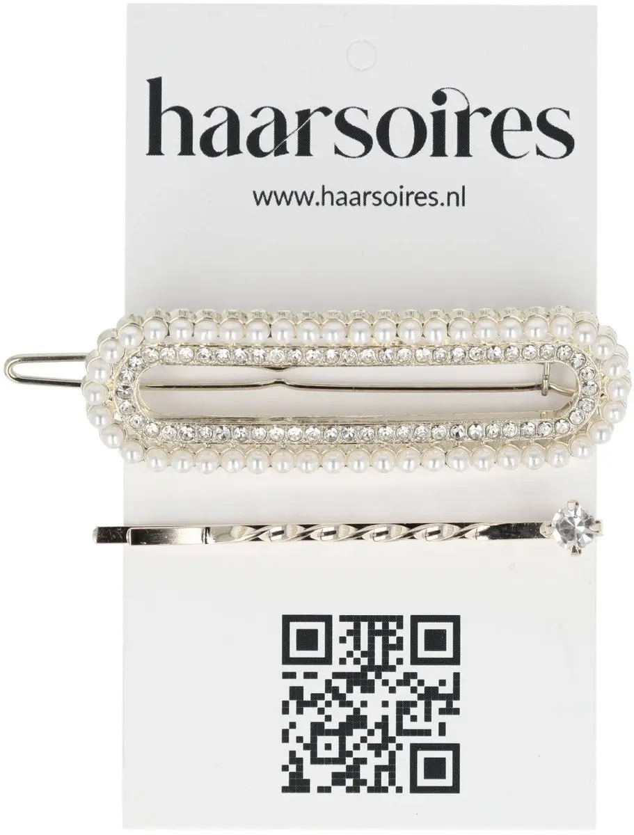 Haarsoires Haarspeld 6cm - Recht Parel Strass - Zilver Wit - 2 Stuks