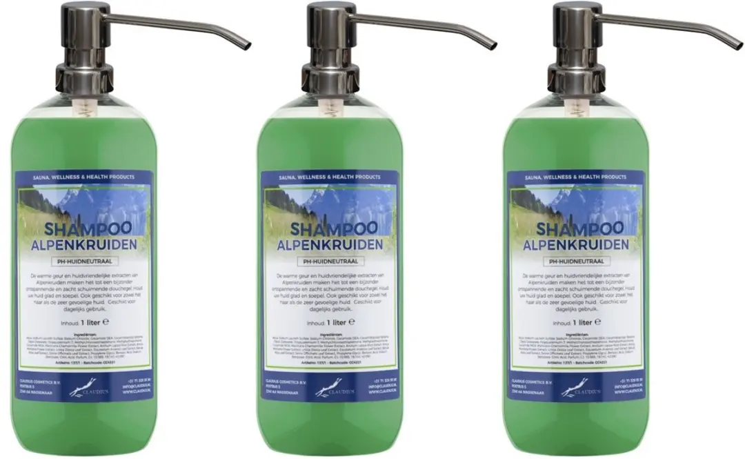 Splashbox Cosmetics Alpenkruiden Shampoo 1L - 3 Stuks met Zilveren Pomp