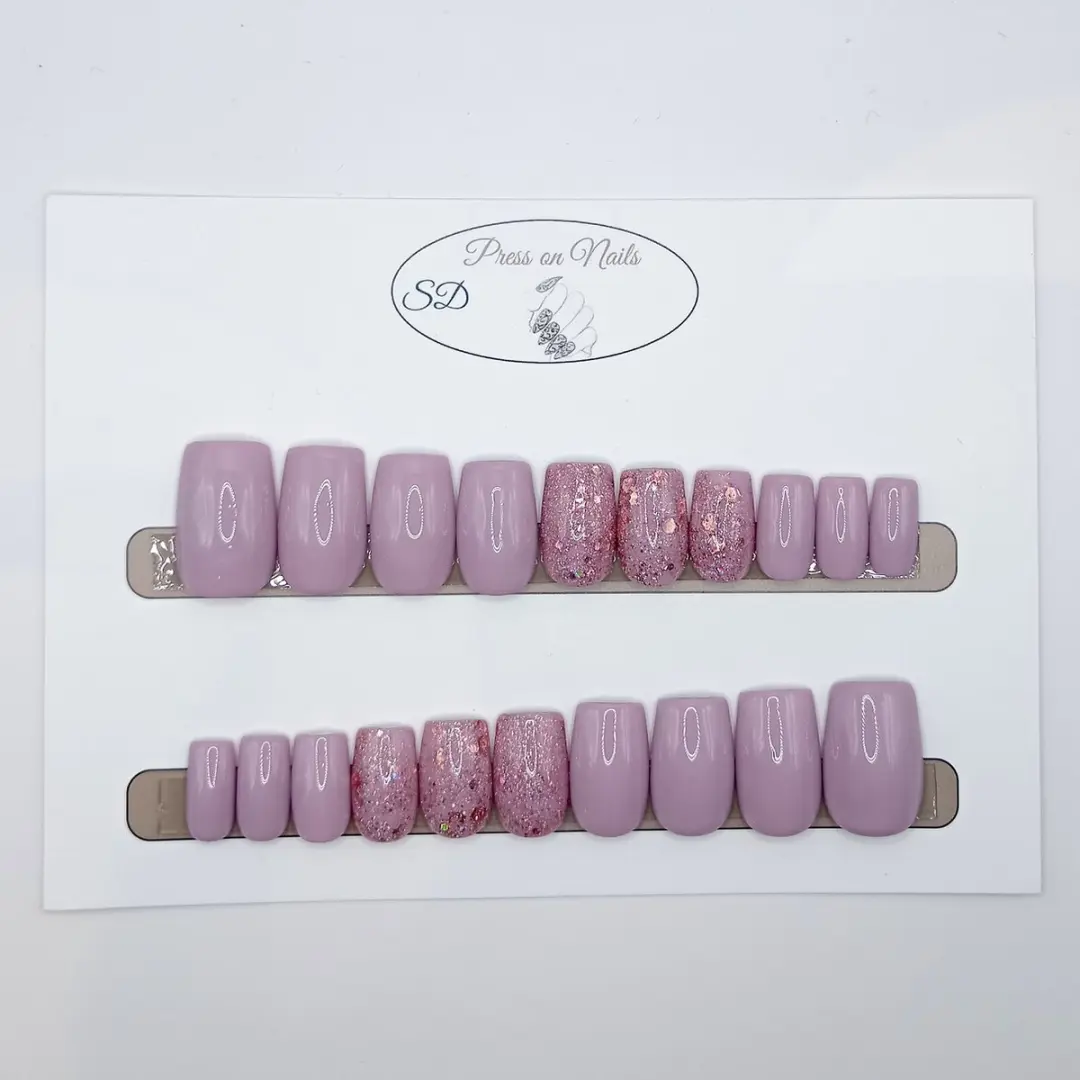 SD Press on Nails B-229 Plaknagels - 20 Stuks - Paarsroze Glitter