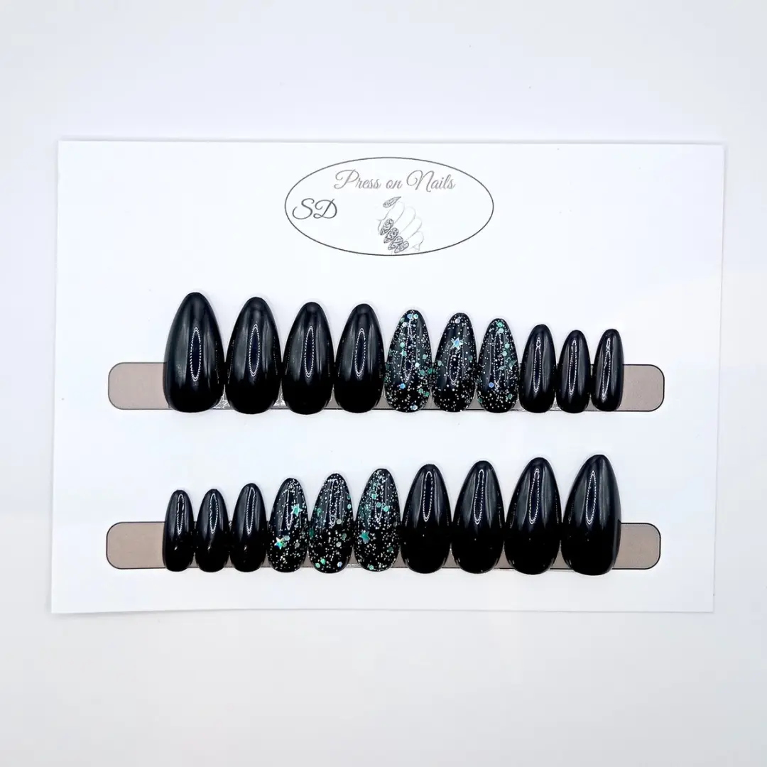 SD Press on Nails B-172 Plaknagels - Zwart Glitter Groen - 20 Stuks