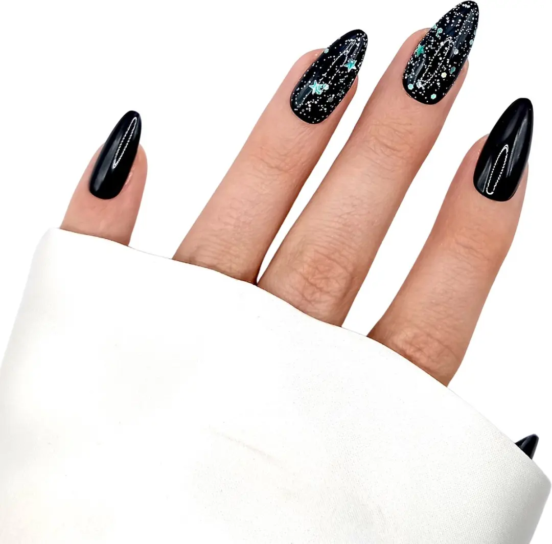 SD Press on Nails B-172 Plaknagels - Zwart Glitter Groen - 20 Stuks