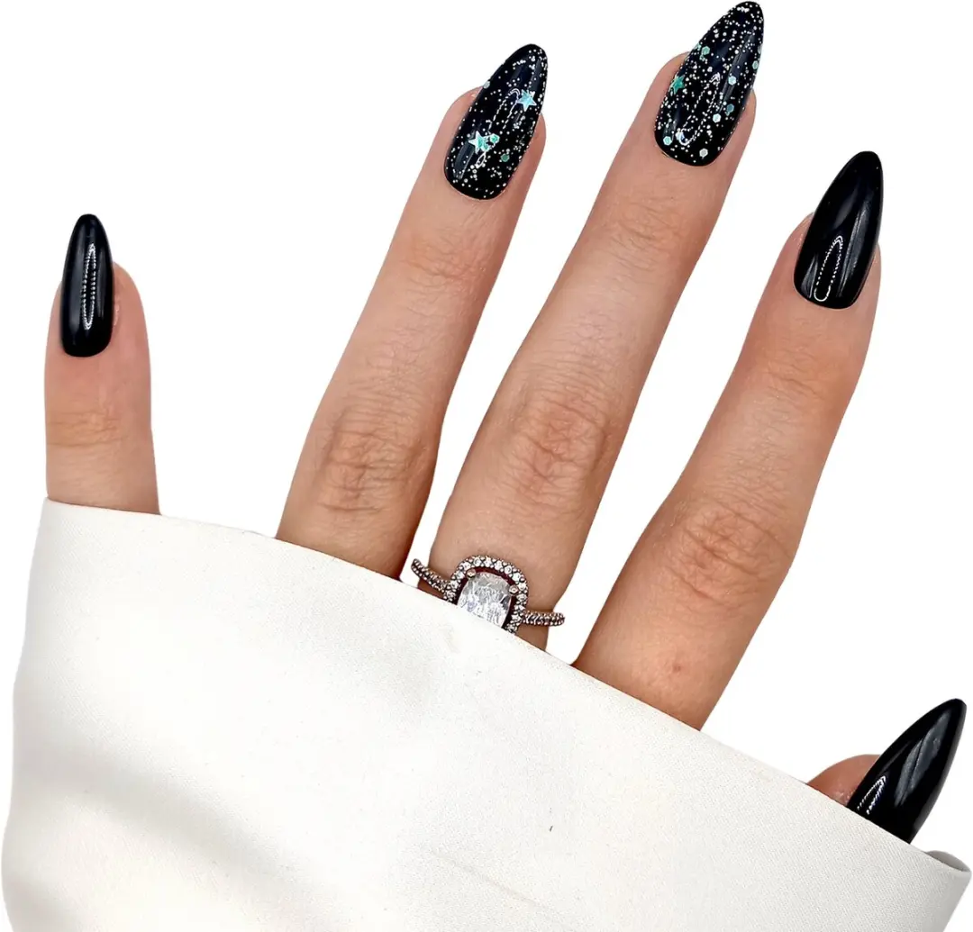 SD Press on Nails B-172 Plaknagels - Zwart Glitter Groen - 20 Stuks