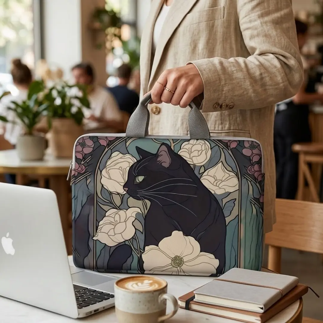 NUVEX Laptophoes 14 inch - Katten & Bloemenprint - Zwart/Groen