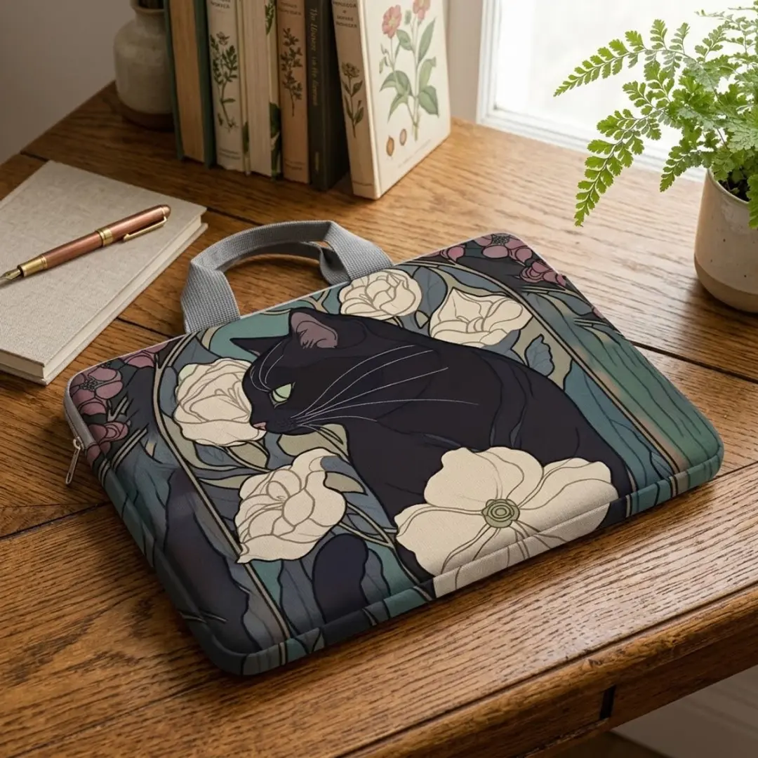 NUVEX Laptophoes 14 inch - Katten & Bloemenprint - Zwart/Groen