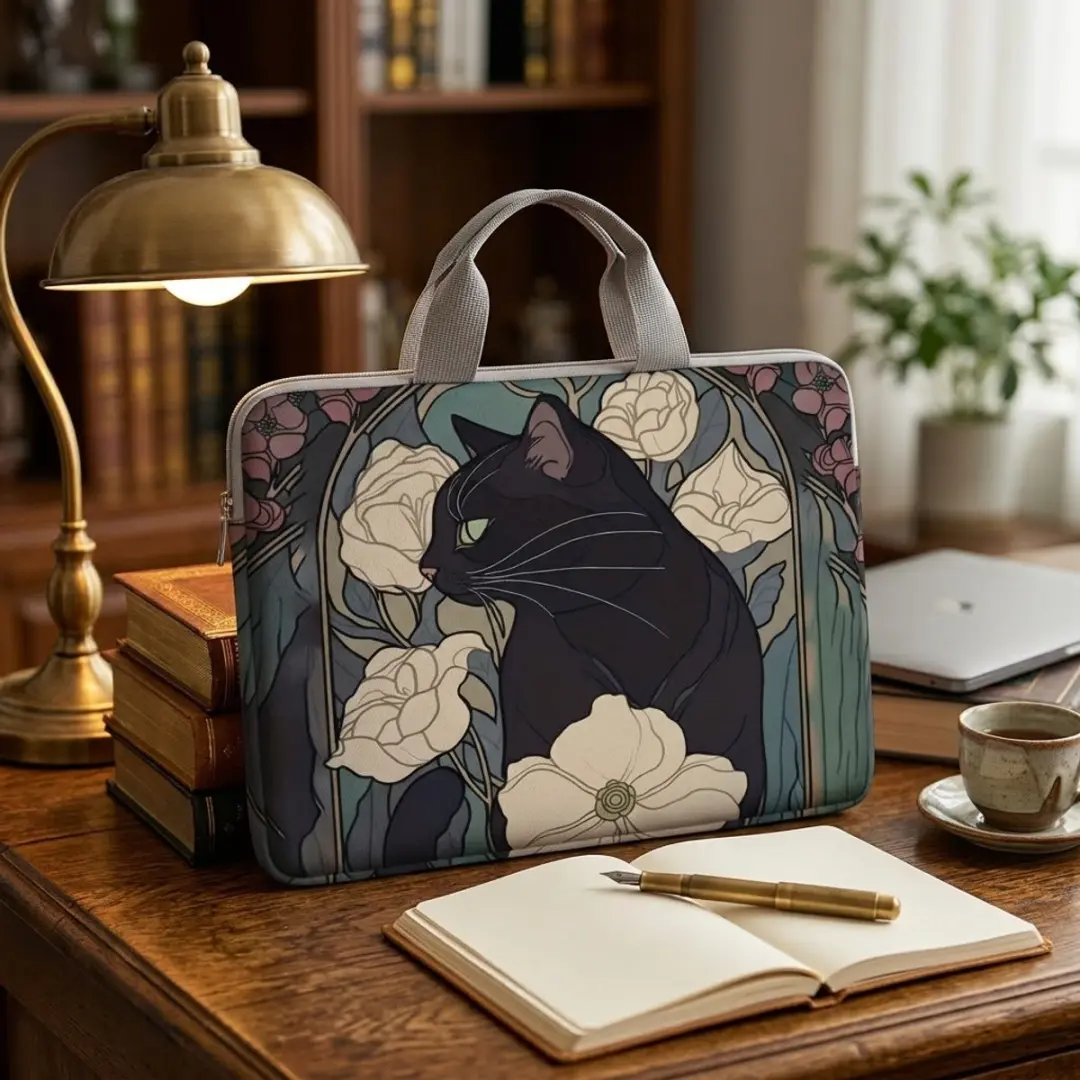 NUVEX Laptophoes 14 inch - Katten & Bloemenprint - Zwart/Groen