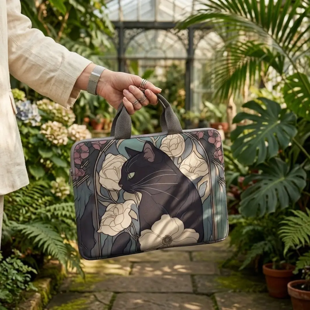 NUVEX Laptophoes 14 inch - Katten & Bloemenprint - Zwart/Groen