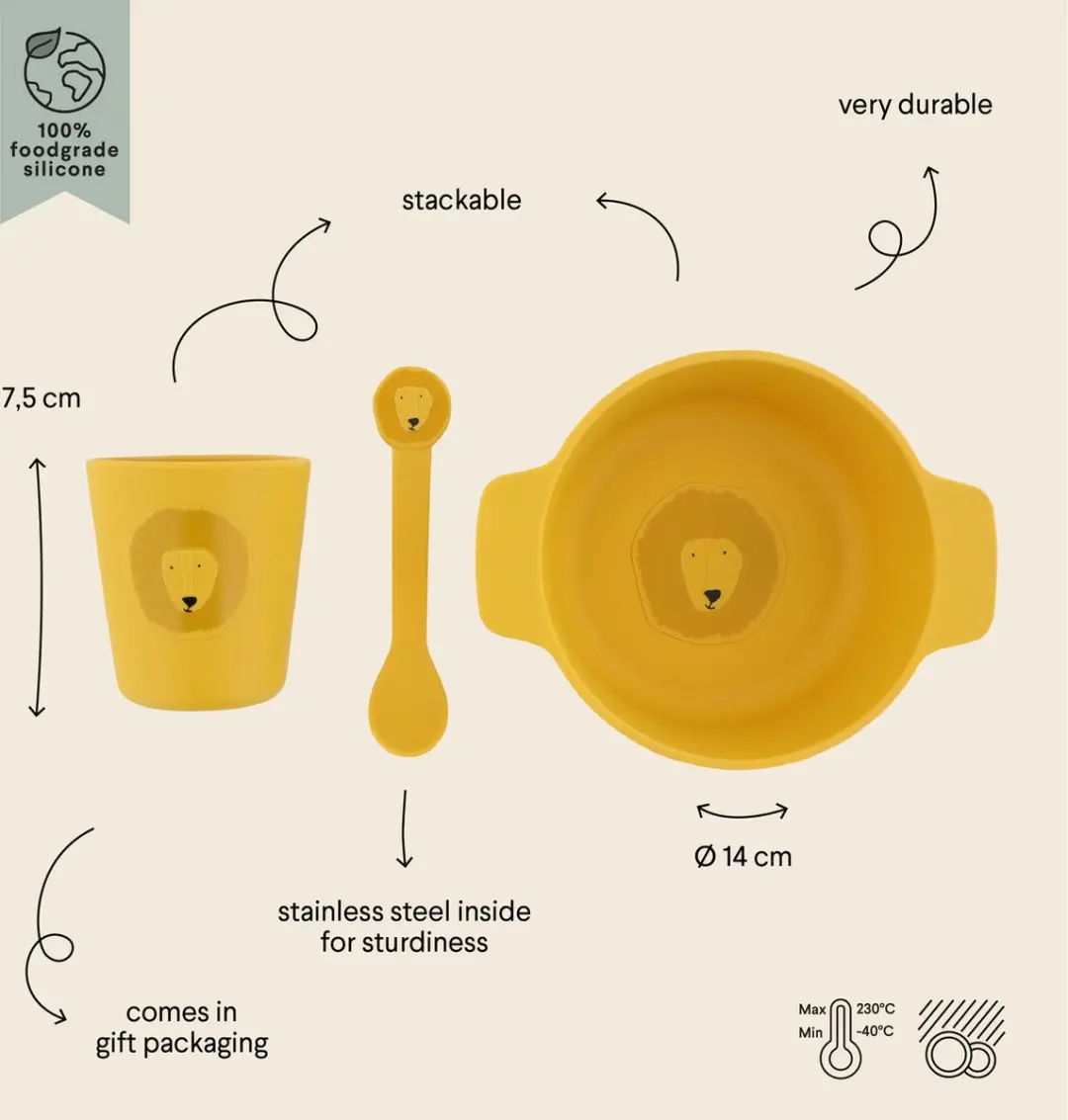 Trixie Mr. Lion Kinderservies - Beker Kom Lepel - Siliconen - Geel